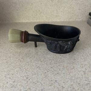 Vintage or Antique Chinese Bronze & Jade Handle Silk Iron Temple & People Decor